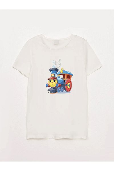 sielta Cute Train Printed Crew Neck Ecru Kids T-Shirt