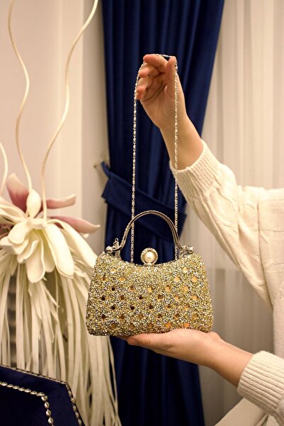 mossi Geantă de seară cu lanț cu mâner dublu din piatră aurie