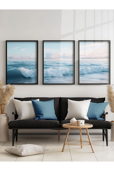 STARYUNA Pictură din 3 piese cu cadru din lemn negru cu vedere la mare Yuna36