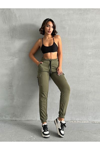 Look Forward Pantaloni de sport pentru femei KHAKI, cu cusături, buzunare cargo, cu picioare elastice