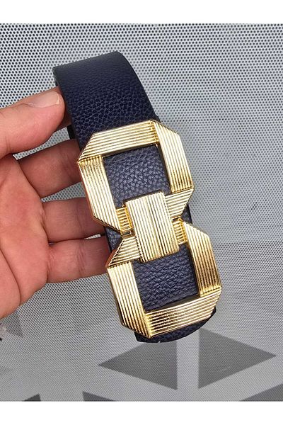 Kemerix Women's Gold Buckle Reversible Navy Blue-Black Belt