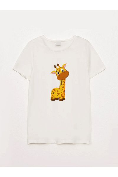 sielta Giraffe Printed Crew Neck Ecru Kids T-Shirt