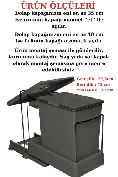 GRİMALDİ Antrasit 16 1 Litre Teleskopik Raylı Çöp Kovası çöp torbası