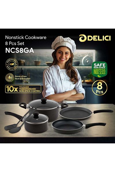DELICI 8pcs Cookware Set,Nonstick Coating,Frypan 24cm,2 Saucepan withlid24cm,Milkpan withlid 18cm,Tawa 26cm