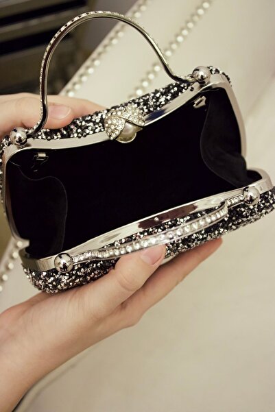 mossi Black Reversible Jewelled Double Handle Chain Evening Bag