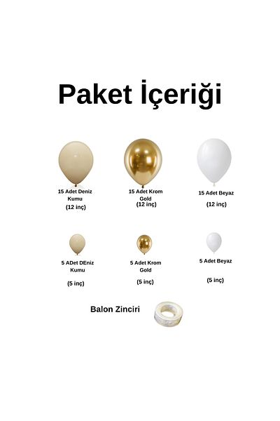 Ata Parti Dünyası Birthday Concept - 60 Pieces White, Chrome Gold and Sea Sand Balloon Chain Set