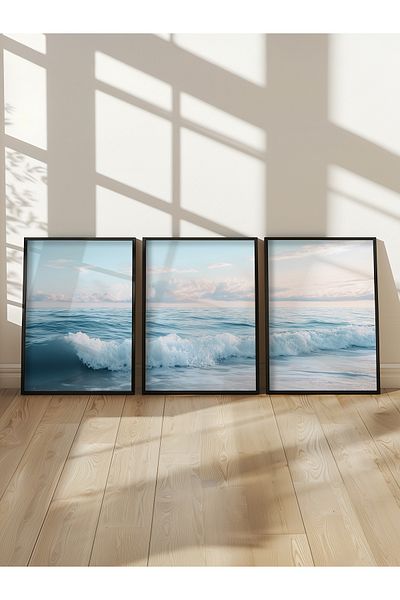 STARYUNA Pictură din 3 piese cu cadru din lemn negru cu vedere la mare Yuna36