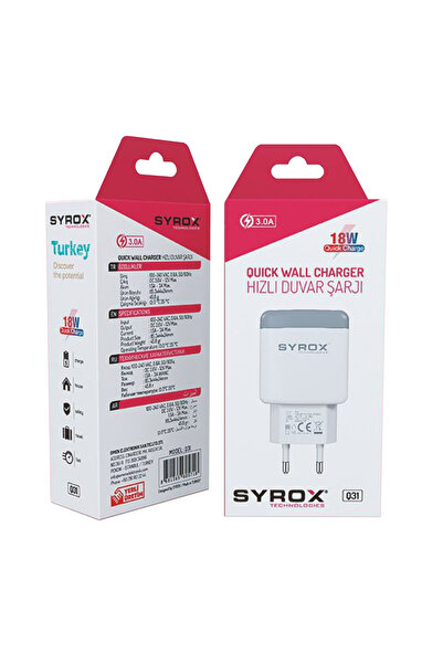 Syrox Q31 Hızlı Şarj Adaptörü (BAŞLIK) 3.0a 18w Beyaz