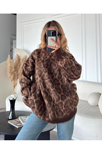 Style Leopar Desenli Sakallı Kumaş Yumuşak Kadın Kazak
