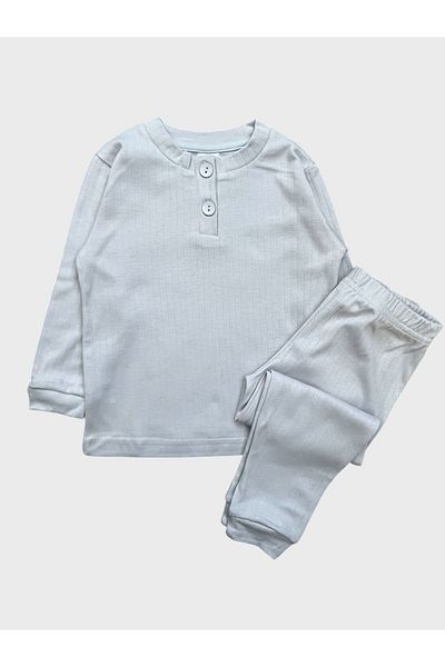 elmas kids Set de pijamale de bază, 100% bumbac, cu nervuri, albastru de gheață, cu guler de iarnă, cu mâneci lungi