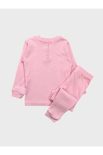 elmas kids Girls' 100% Cotton Corded Winter Pink Collar Buttoned Long Sleeve Basic Pajamas Set