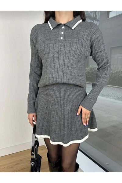 İKRAFASHİON Women's Knitwear Set with Stylish Polo Neck Sweater and Skirt - Lycra