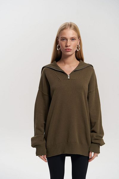 MAİ COLLECTİON Lorna cipzáras khaki kötöttáru pulóver