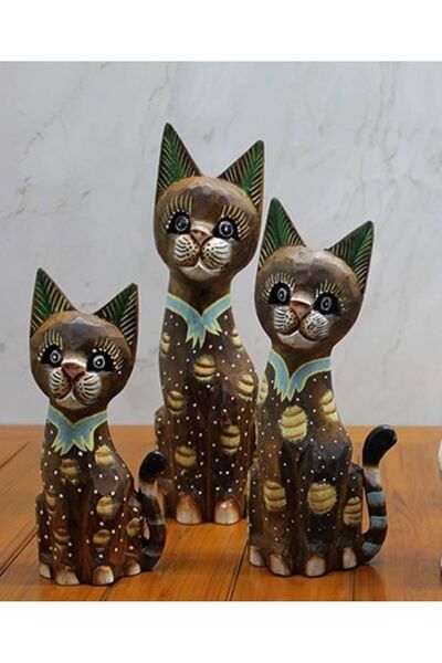 ARD Ahşap Dekorlu Oturan Kedi Bibloları 3'lü(20-25-30 cm)