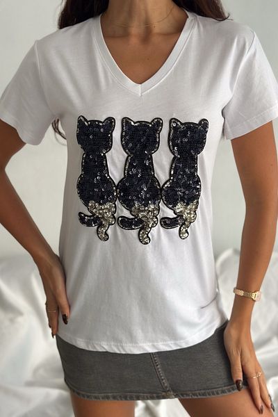 FEMELLE Tricou alb de damă, cu decolteu în V, cu paiete de pisică, brodat 100% bumbac