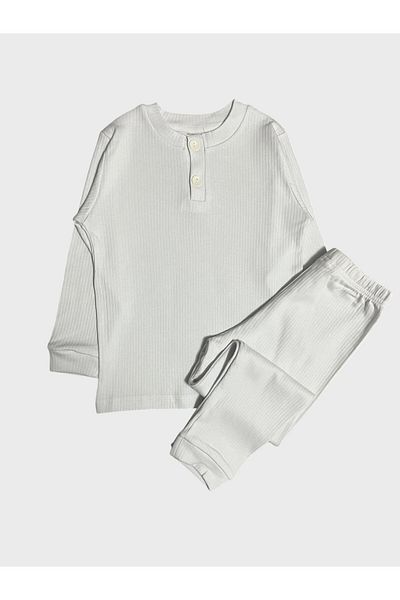 elmas kids Set de pijamale de bază cu mânecă lungă, 100% bumbac, cu nervuri, alb de iarnă, cu guler cu nasturi