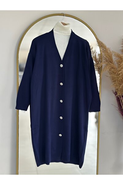 Genel Markalar Defne Papatya Düğmeli Uzun Hırka-Zİ6184 Lacivert