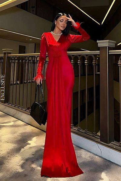 Mossta V-Neck Sleeve Openwork Stone Detailed Velvet Fish Model Long Evening Dress Red