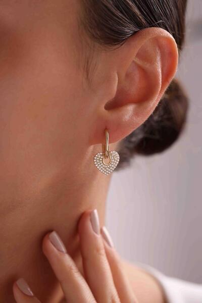 Bayar Gold 14 Ayar Altın Taşlı Kalp Küpe