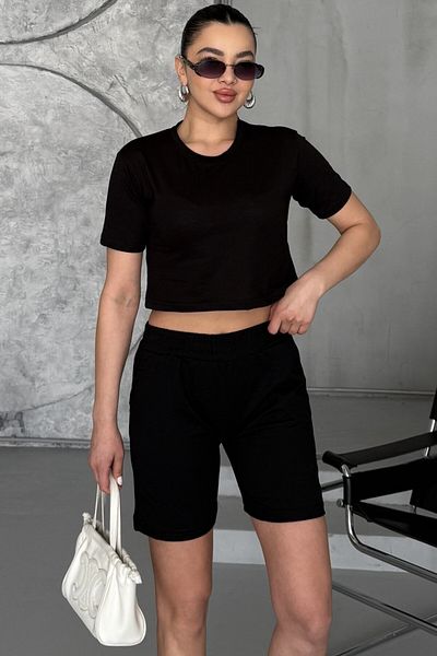 MODAGEN Set pantaloni scurți negri cu decolteu rotund pentru damă
