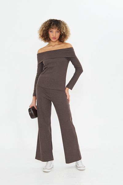 ESPOİRPLUS Women's Brown Wide Raport Shardoned Fabric Madonna Collar Bottom-Top Suit Madonnasuit