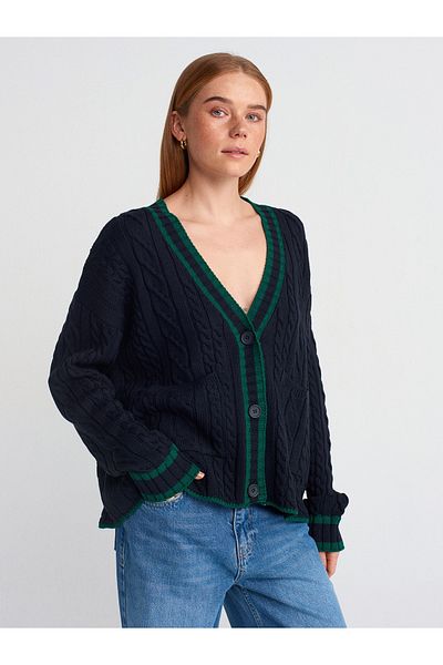 Dilvin 60950 V-Neck Striped Buttoned Pocket Knitwear Cardigan-Navy Blue