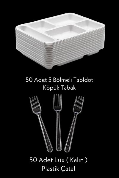 Özkan Ambalaj Temizlik 50 Pieces of 5 Compartment Foam Plates - 50 Pieces of Plastic Luxury (Thick) Transparent Forks