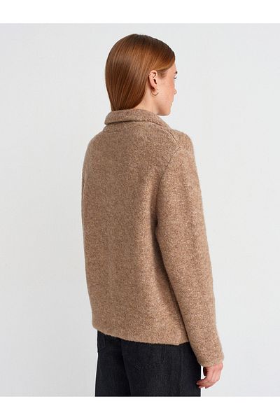 Dilvin 60932 Beige Polo Neck Floral Patterned Knitwear Cardigan