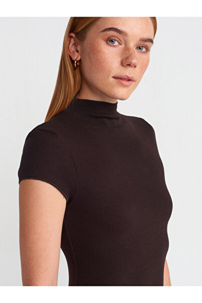 Dilvin 91304 Dik Yaka Streç Mini Elbise-Koyu Kahve