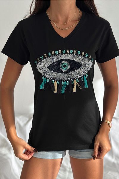 FEMELLE Tricou negru pentru femei, cu decolteu în V, cu model de ochi, cu paiete, brodat cu ciucuri, 100% bumbac