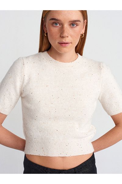 Dilvin 10703 Crew Neck Sequin Glitter Knitwear Sweater-Cream