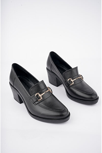 GRADA Pantofi clasici de damă cu toc, din piele naturală neagră, cu cataramă ...