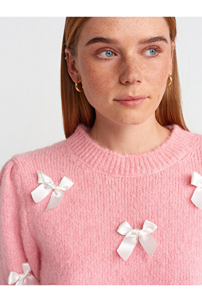Dilvin 10673 Crew Neck Bow Detail Short Sleeve Knitwear Sweater-Pink