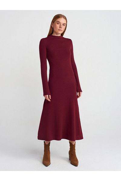 Dilvin 91339 Rochie midi cu mânecă lungă-Burgundy