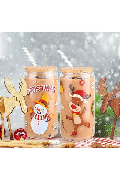 Yenigeldi 2 Pieces Christmas Heat Resistant Bamboo Cup with Lid and Straw