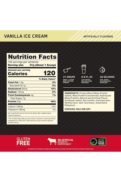 Optimum Nutrition Gold Standard 100% Whey Protein, Vanilla Ice Cream, 10 LB