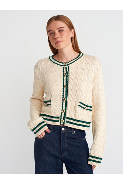 Dilvin 60945 Crew Neck Striped Buttoned Knitwear Cardigan-Ecru-Green