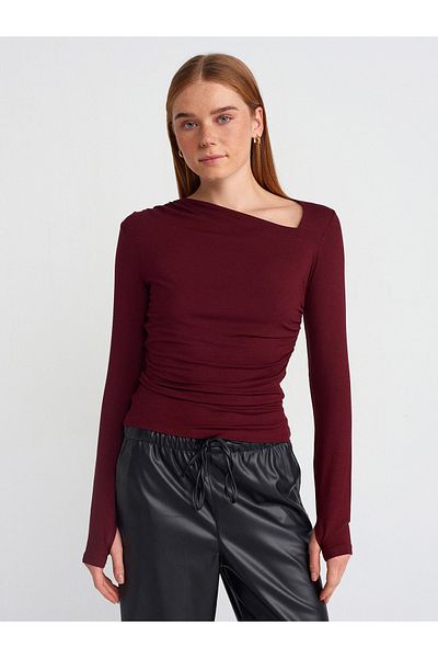 Dilvin 31530 Asymmetrical Collar Long Sleeve Top-Burgundy