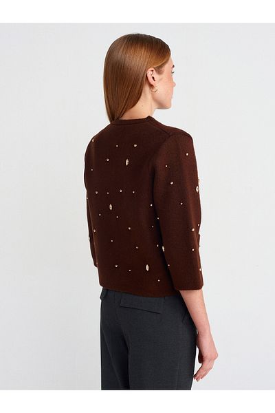 Dilvin 60927 Crew Neck Rhinestones Pearls Buttoned Knitwear Cardigan-Coffee