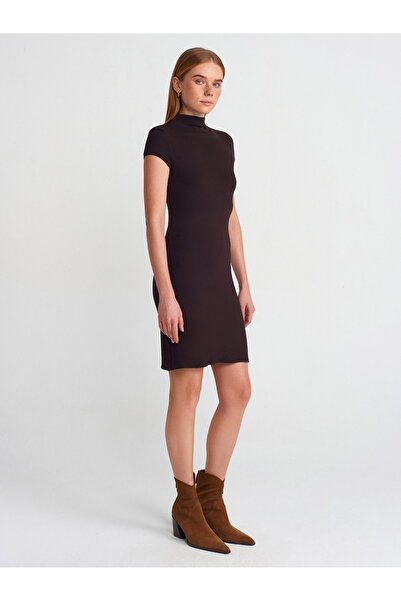 Dilvin 91304 Dik Yaka Streç Mini Elbise-Koyu Kahve