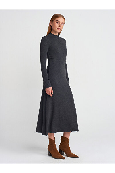 Dilvin 91339 Uzun Kollu Midi Elbise-Antrasit