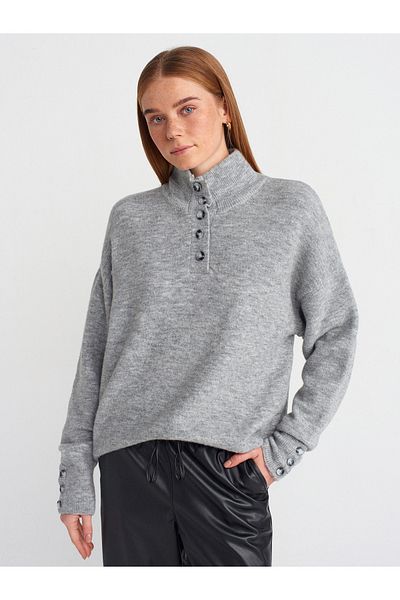 Dilvin 10700 Stand Collar Buttoned Sweater-Gray