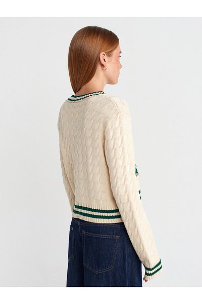 Dilvin 60945 Crew Neck Striped Buttoned Knitwear Cardigan-Ecru-Green