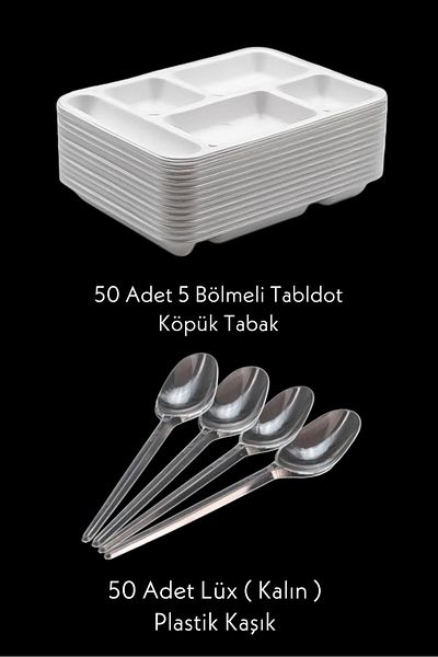 Özkan Ambalaj Temizlik 50 Pieces of 5 Compartment Foam Plates - 50 Pieces of Plastic Lux (Thick) Spoons