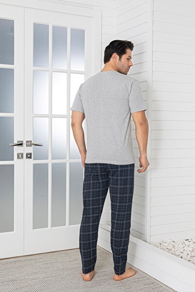 Sude HOMEWEAR Erkek Ekoseli Cepli Kısa Kollu Pijama Takımı