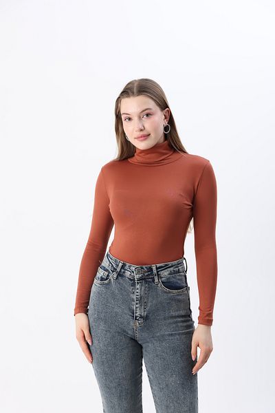 ziend fashion Дамски кафяв боди с пълна яка и поло яка за нов сезон