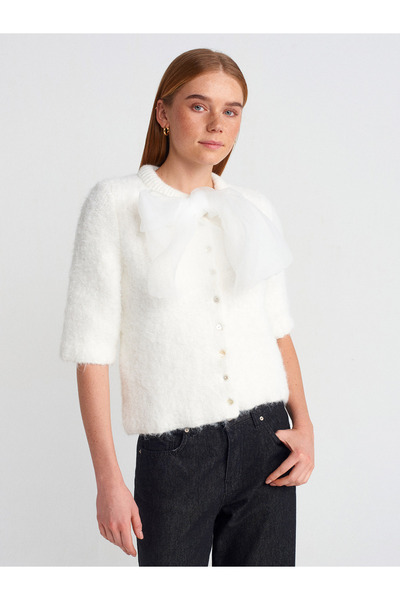 Dilvin 60947 Tricotaj cu nasturi din țesătură cu decolteu crew cardigan-Ecru