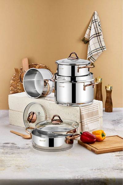 Cooker 8 Pieces Stainless Steel Cookware Set with Strainer Lid