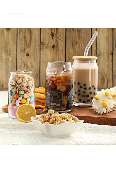 Store 2 Adet Isıya Dayanıklı Pipetli Bambu Kapaklı Bardak 2 Pipet Kapağı 2 Cam Pipet