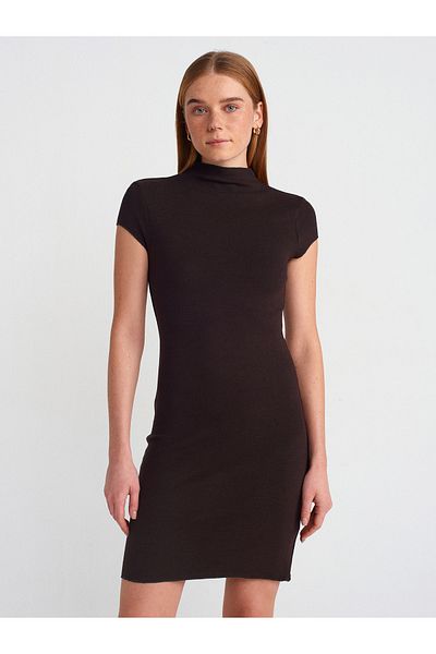 Dilvin 91304 Μίνι φόρεμα Stretch με γιακά-σκούρο καφέ